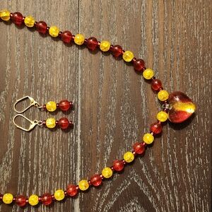20" red/yellow glass heart pendant necklace with earrings